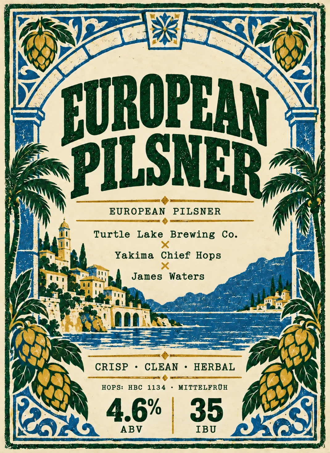 Turtle Lake Brewing Co. × Yakima Chief Hops × James Waters · European Pilsner · Italian Pilsner · 4.6% ABV · 35 IBU