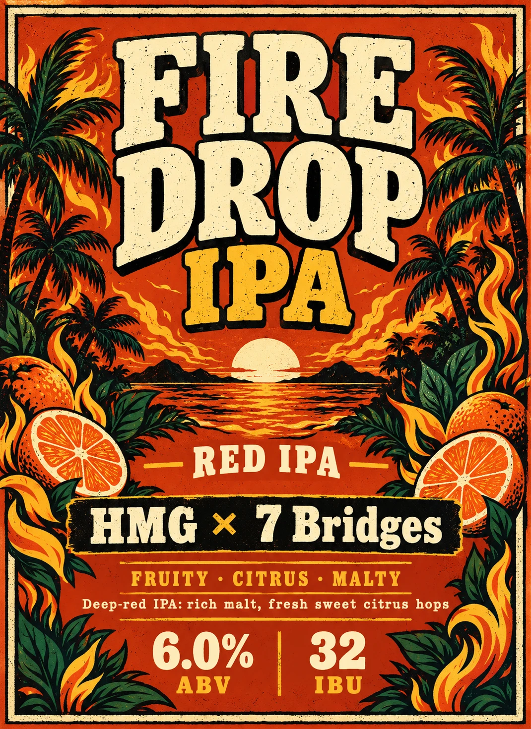 HMG × 7 Bridges Brewing Co. · Fire Drop IPA · Red IPA · 6% ABV · 32 IBU