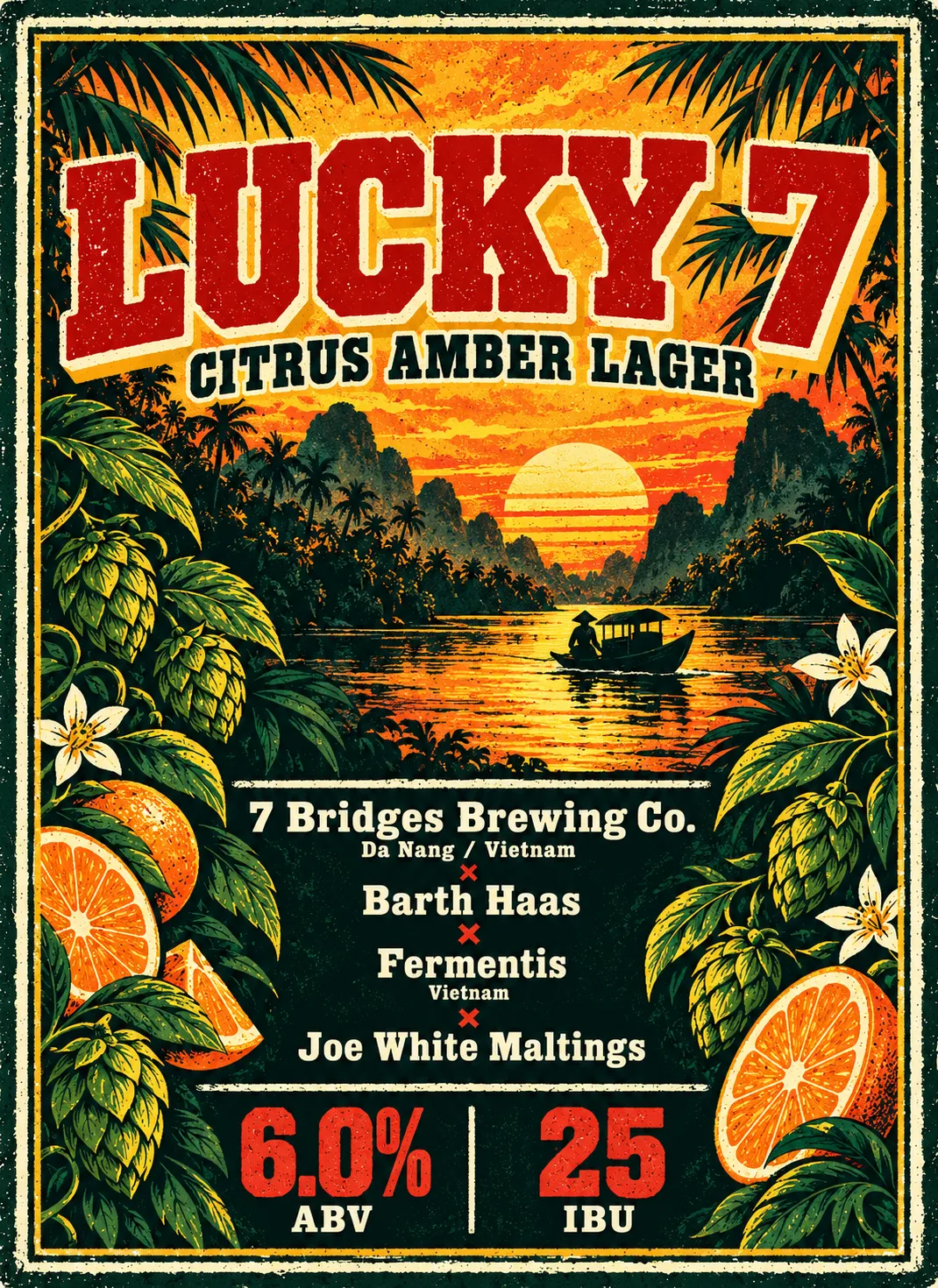 7 Bridges Brewing Co. × Barth Haas × Fermentis × Joe White Maltings · Lucky 7 · Citrus Amber Lager · 6% ABV · 25 IBU